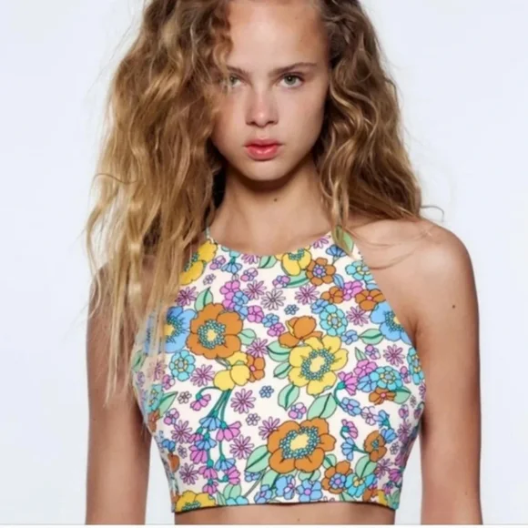 Zara XXL Halter Crop Backless Flower High Neck Top - Picture 1 of 7